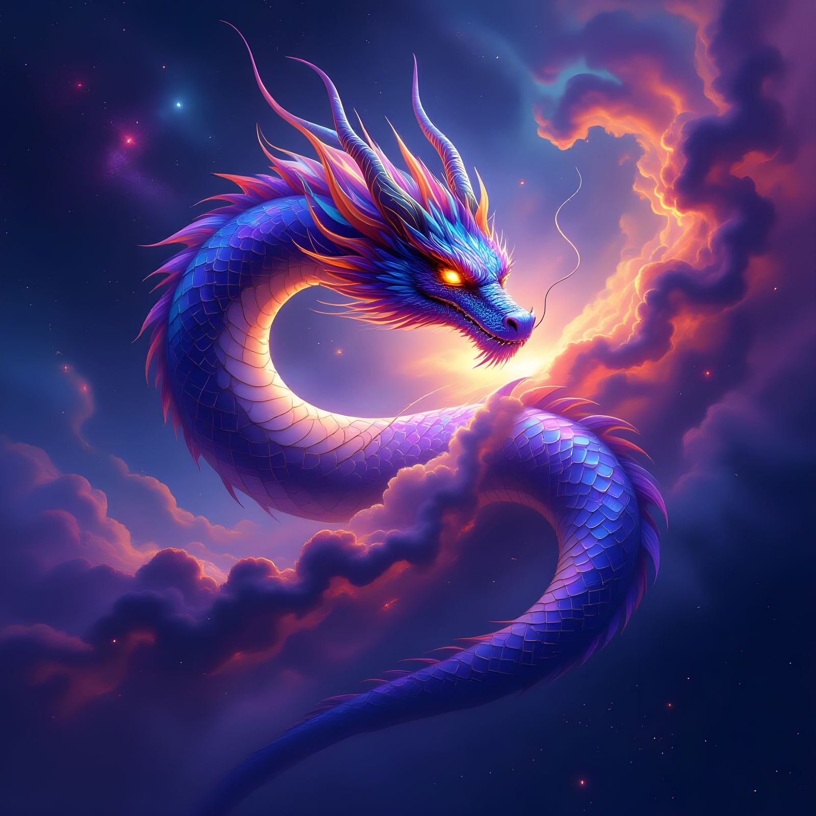 Celestial Dragon Coiled in Nebula, Epic Fantasy Art