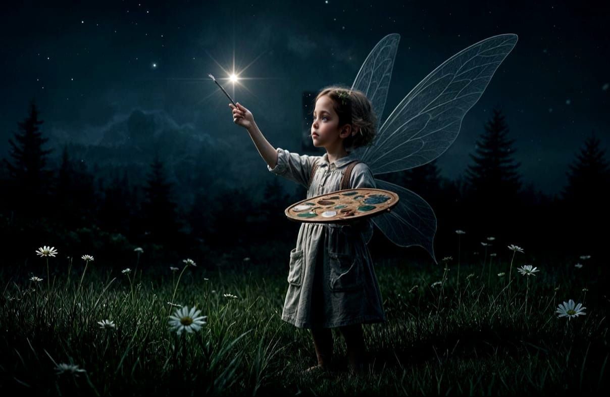 Fairy Paints Star into Night Sky in Hyperrealistic Style