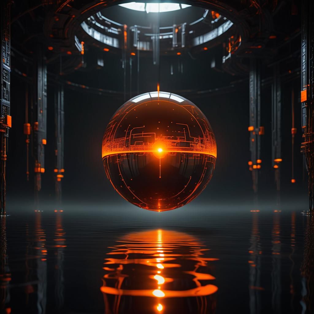 Mystical Dark Grey Metallic Sphere with Orange Circuitry