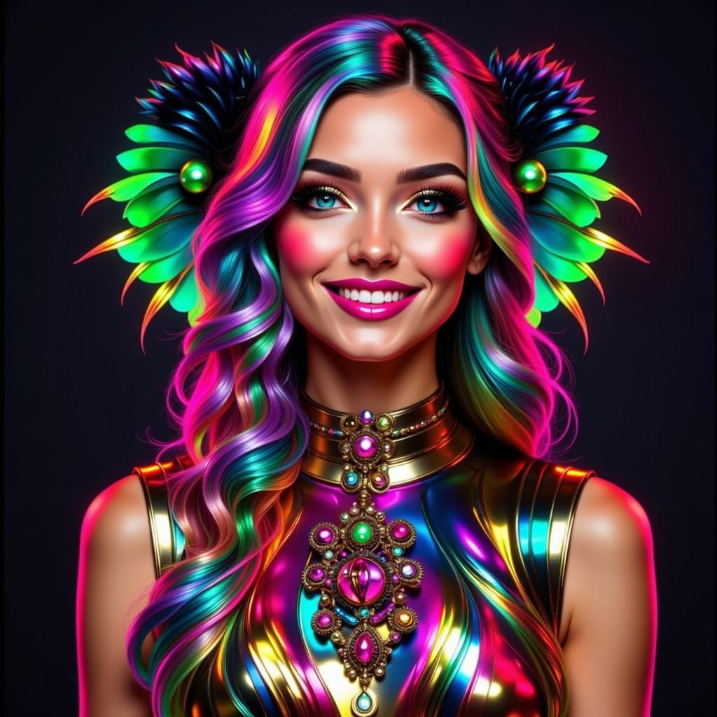 Exquisite Woman with Metallic Makeup in Neon Style