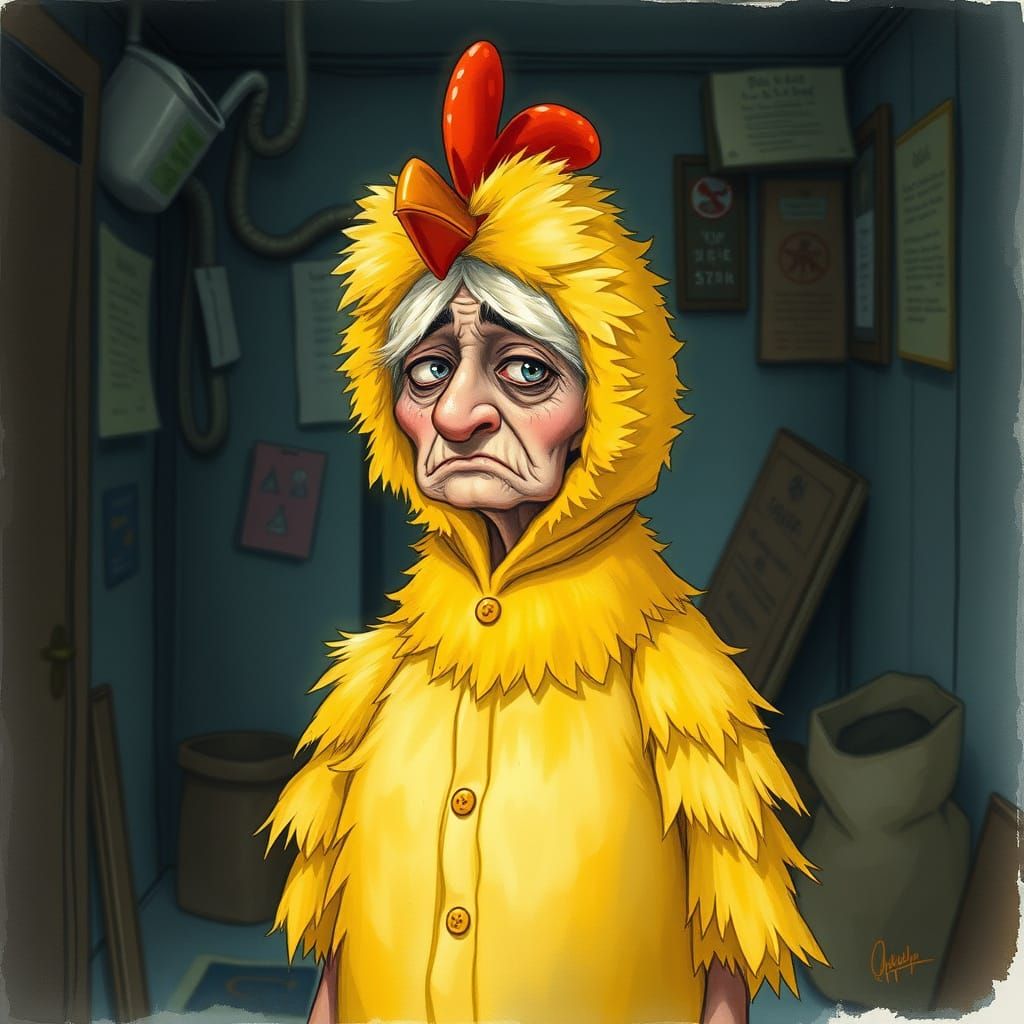 Grumpy Chicken Lady in Watercolor Style