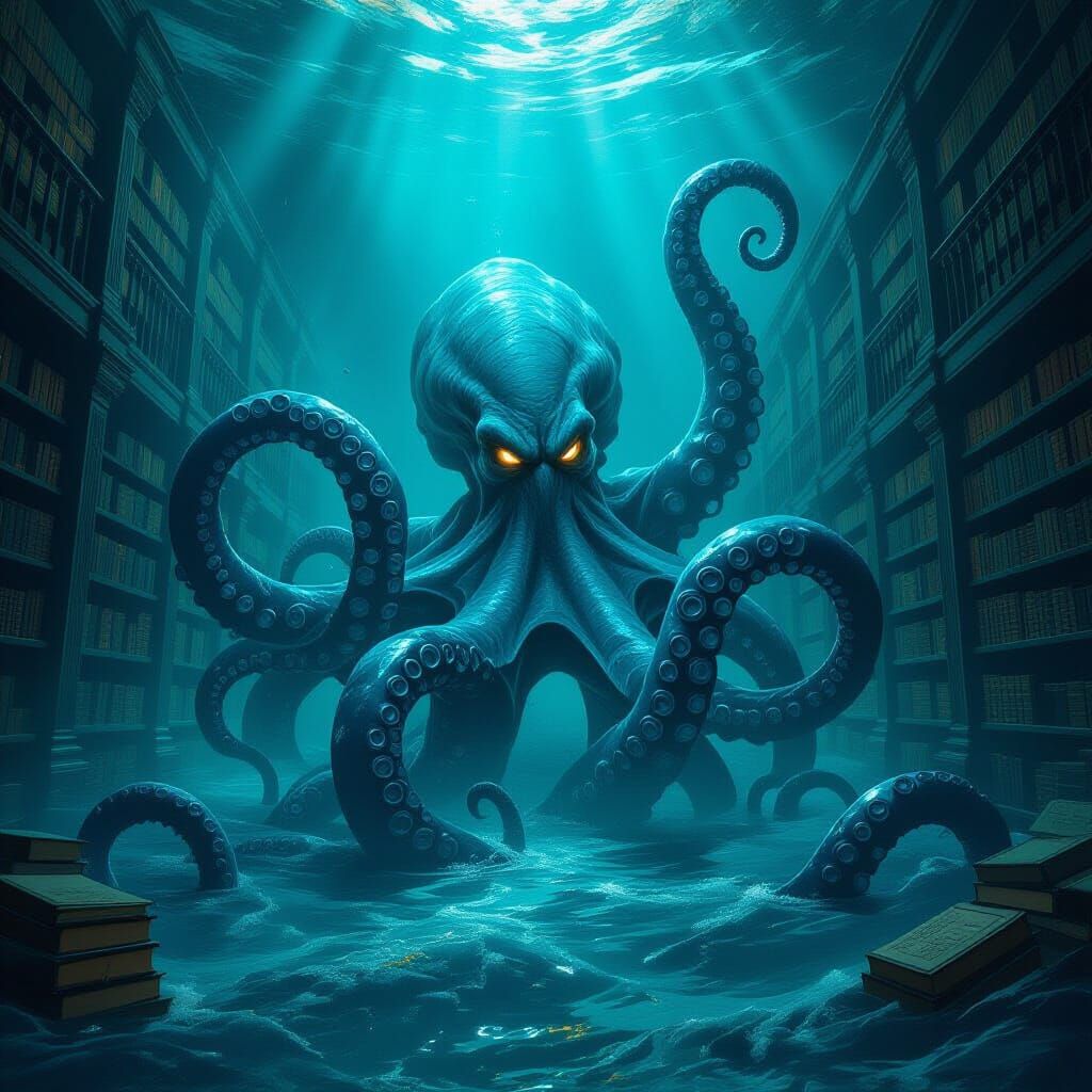 Inky Kraken Rises From Flooded Ancient Library