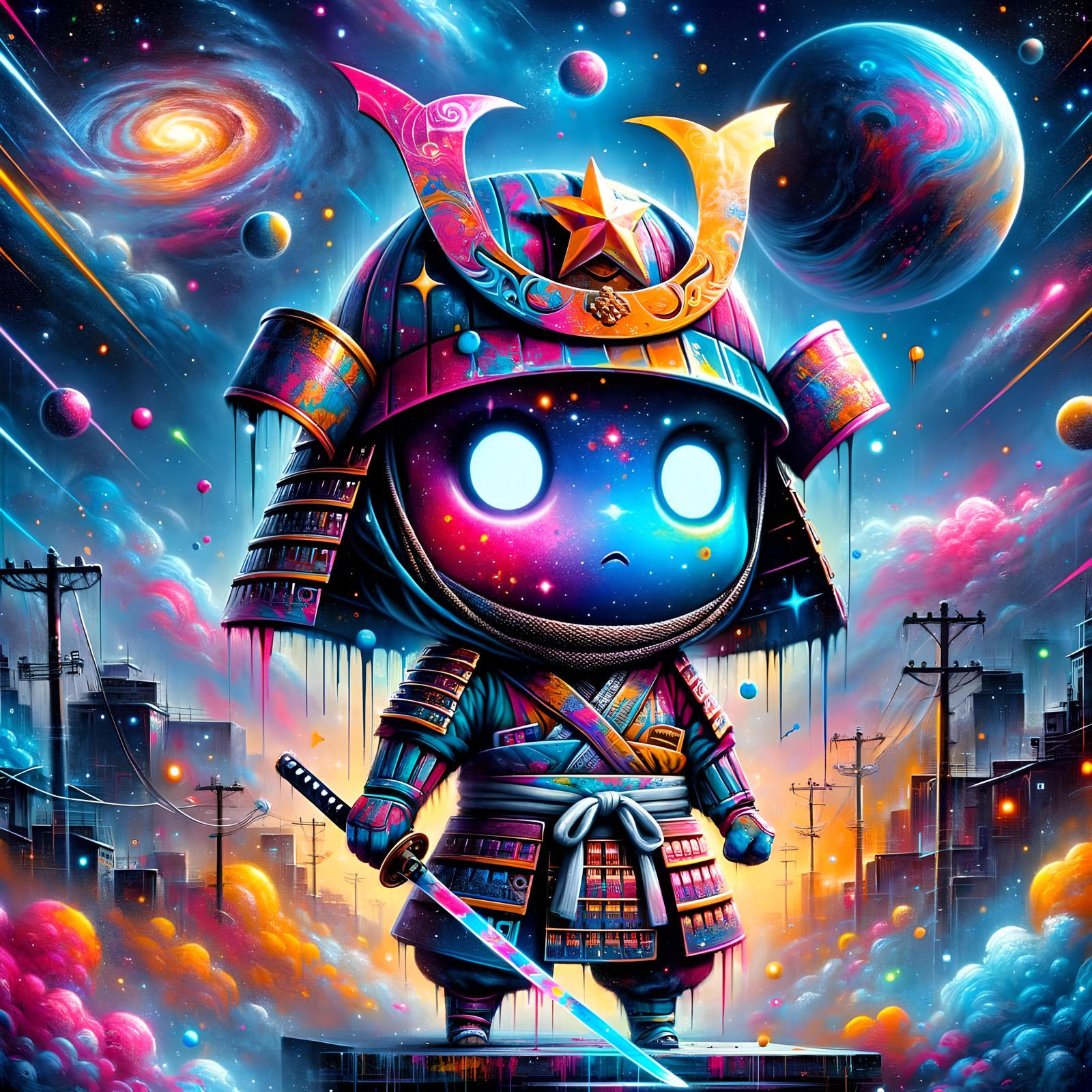 Neon Chibi Samurai in Cyberpunk Graffiti Style
