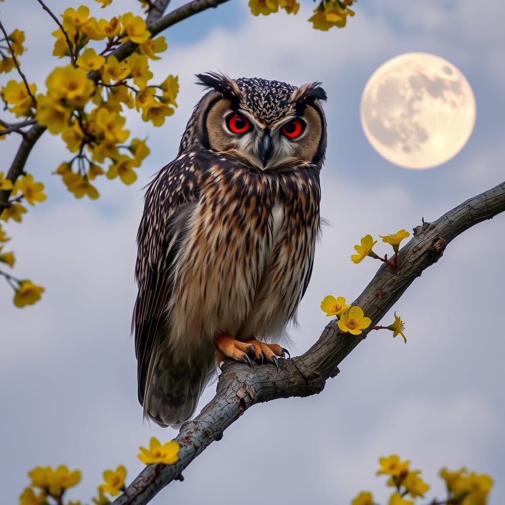 Ancient Owl in Twilight Plumage perches on a Flowery Yellow ...
