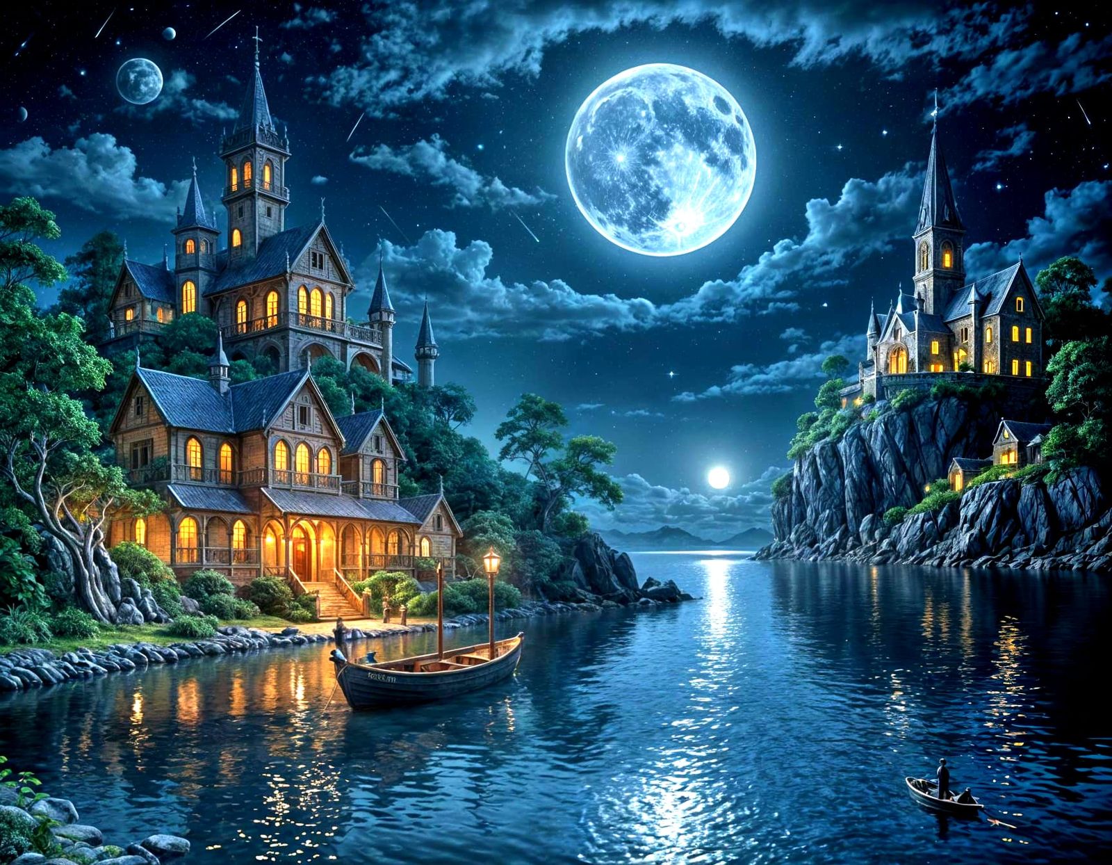 Serene Night Sail: Ancient Ruins Under Full Moon