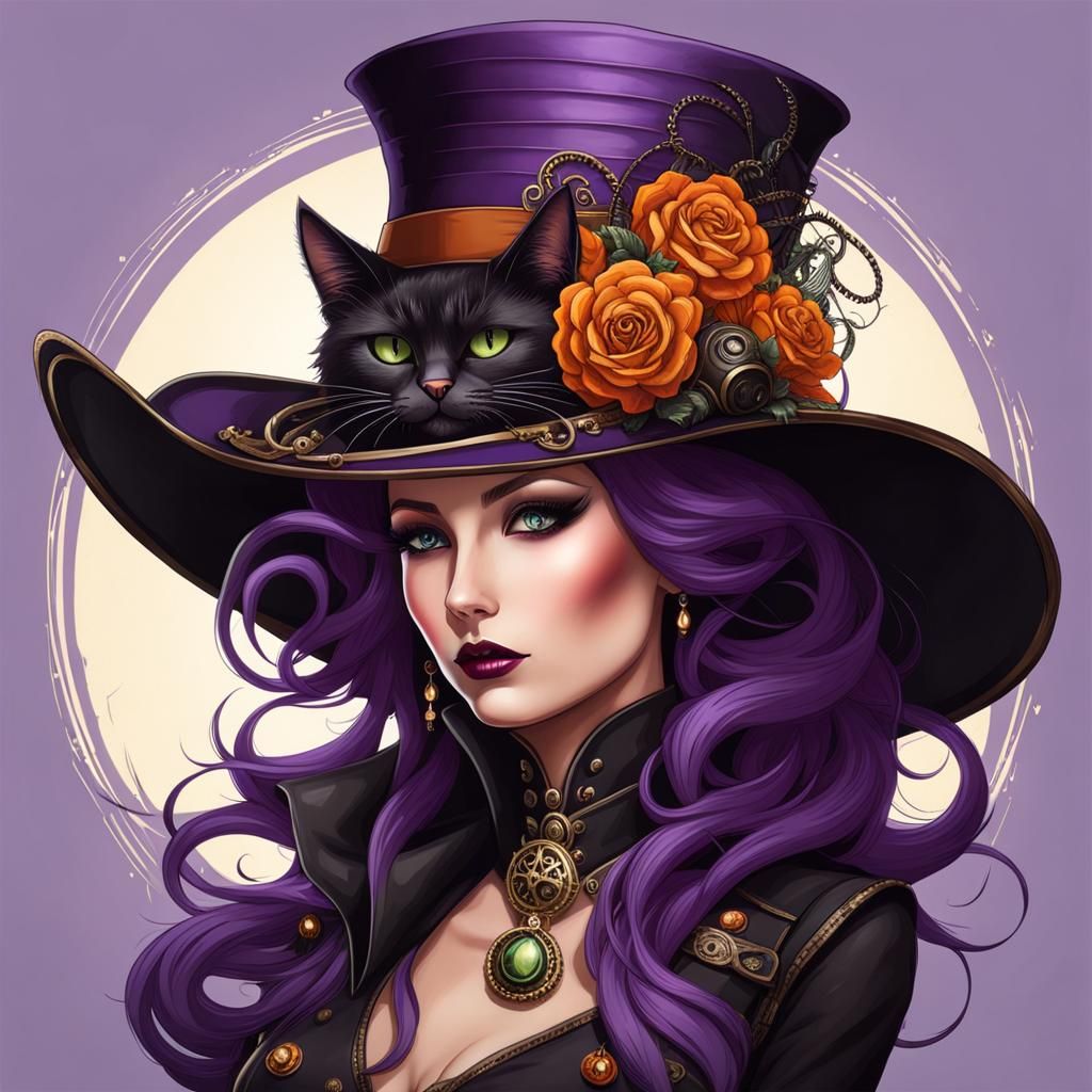 Steampunk Halloween Witch with Black Cat