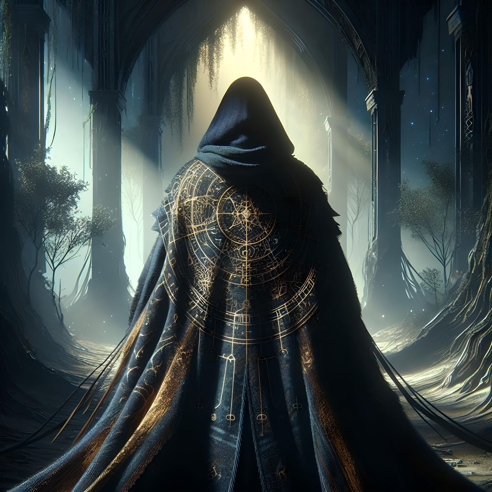 Cloaked Figure in Forest, Hyperrealistic Concept Art
