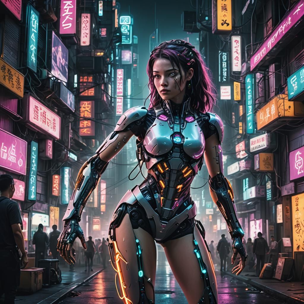 Cyberpunk Bio-Tech Human in Neon Cityscape