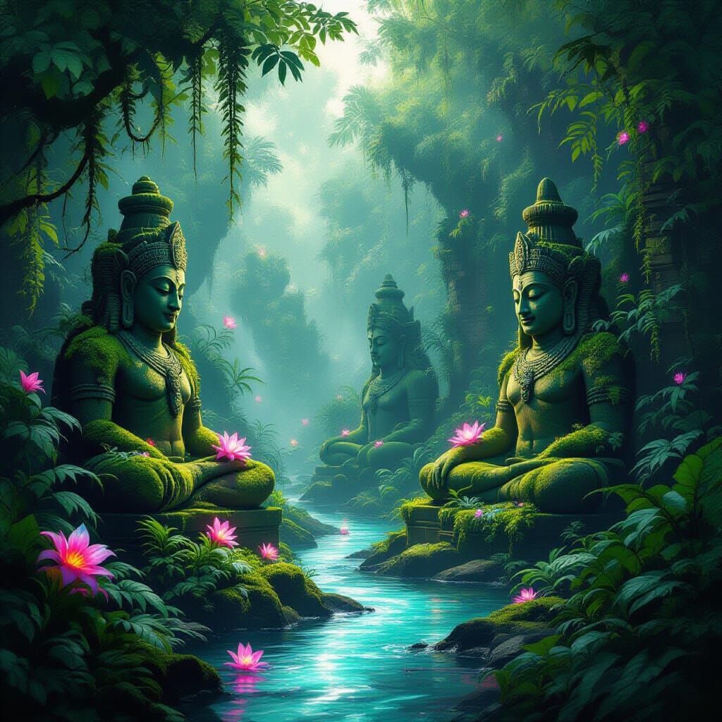 Ancient Jungle Statues in Luminescent Flora