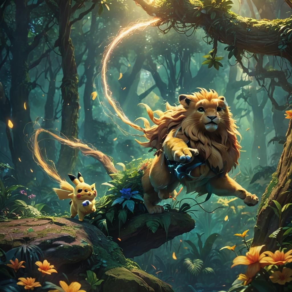 Simba and Pikachu in a Jungle Oasis