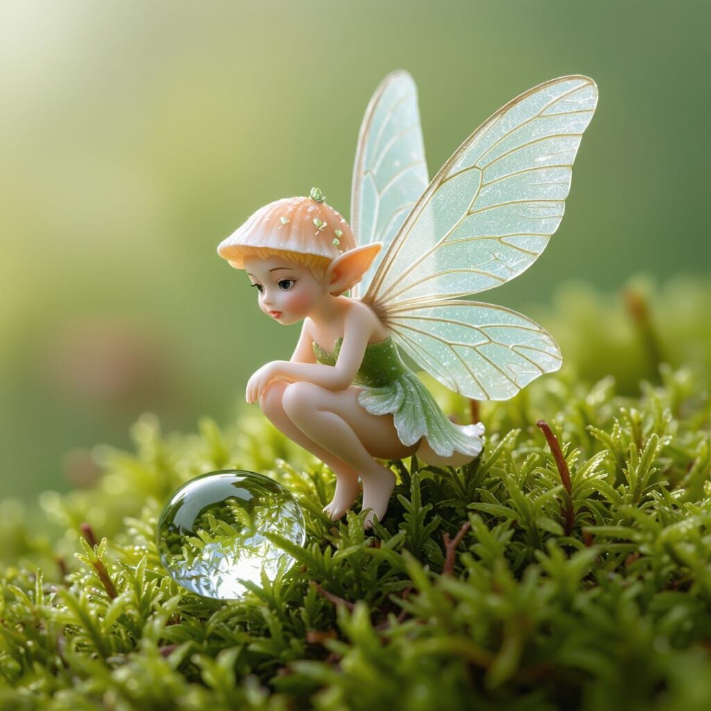 Mushroom Fairy with Fern Wings on Dew Drop