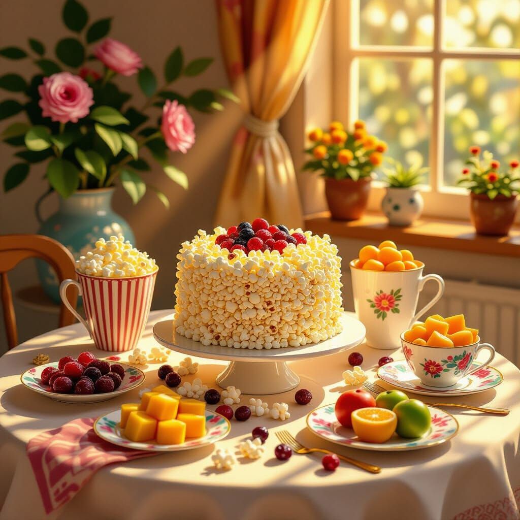 Festive Table with Popcorn Cake & Exotic Fruits