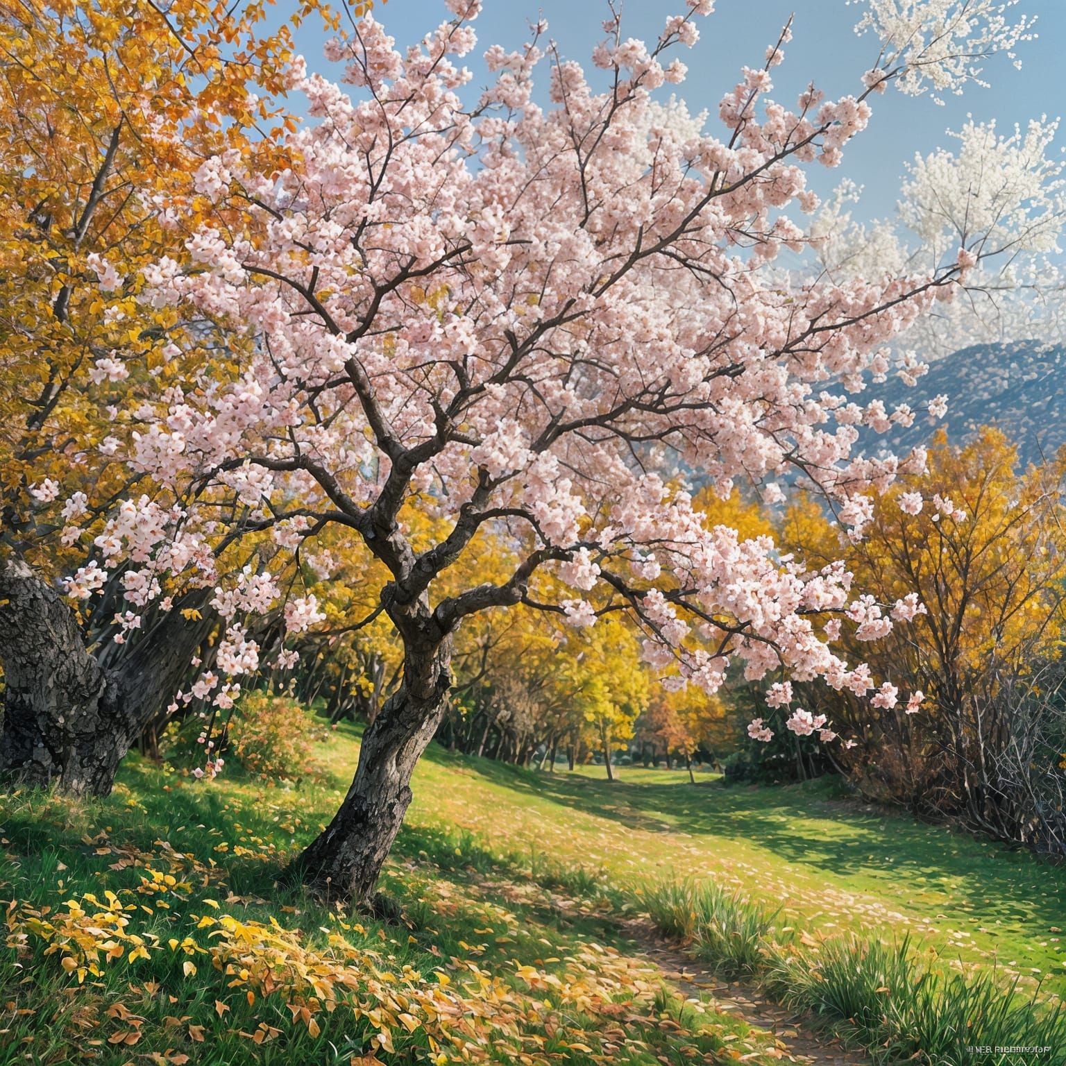 Cherry Blossoms Bloom in Autumn Landscape