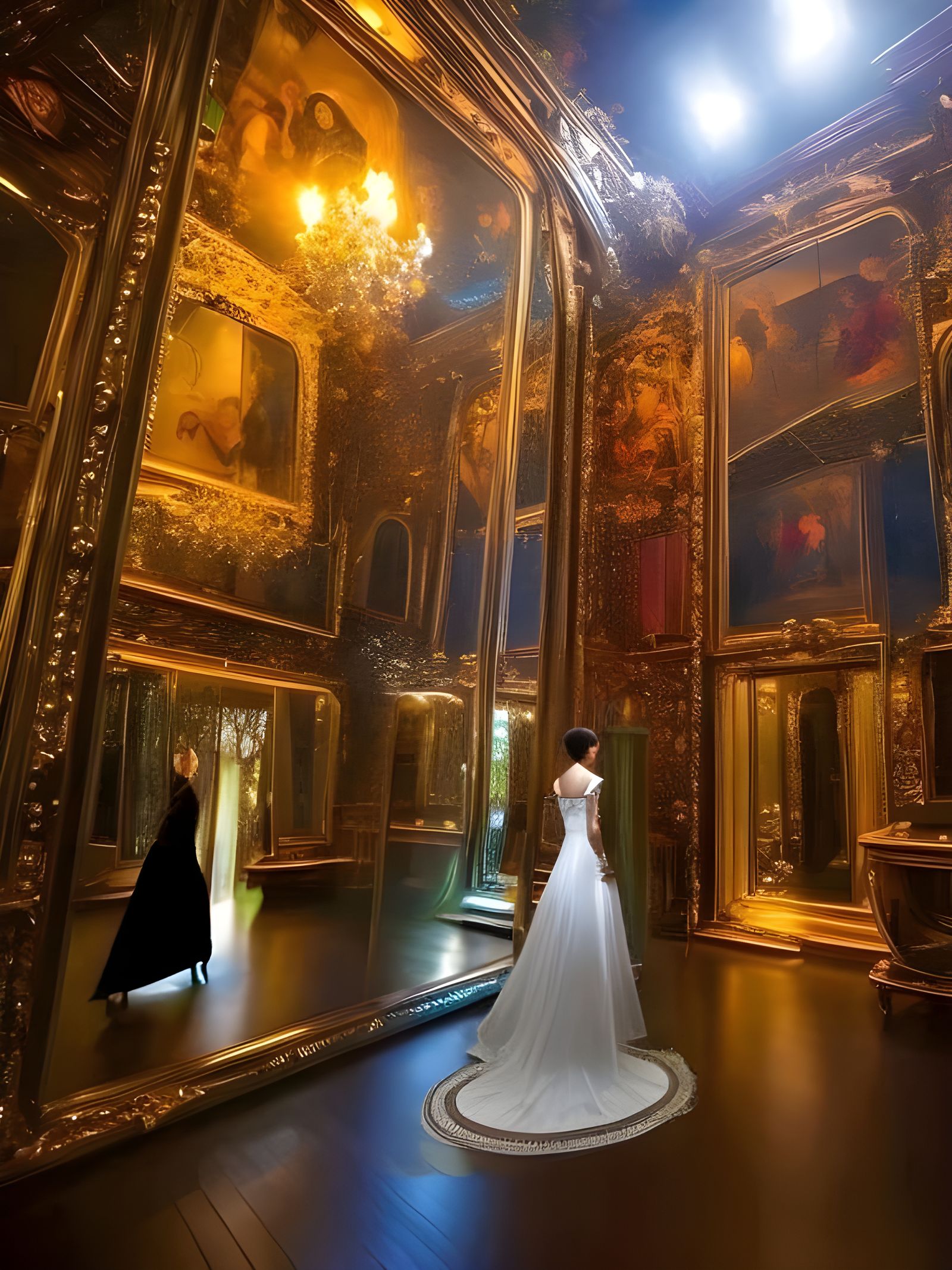 Fairytale Mirror Reflects Enchanted Hall in Digital Painting