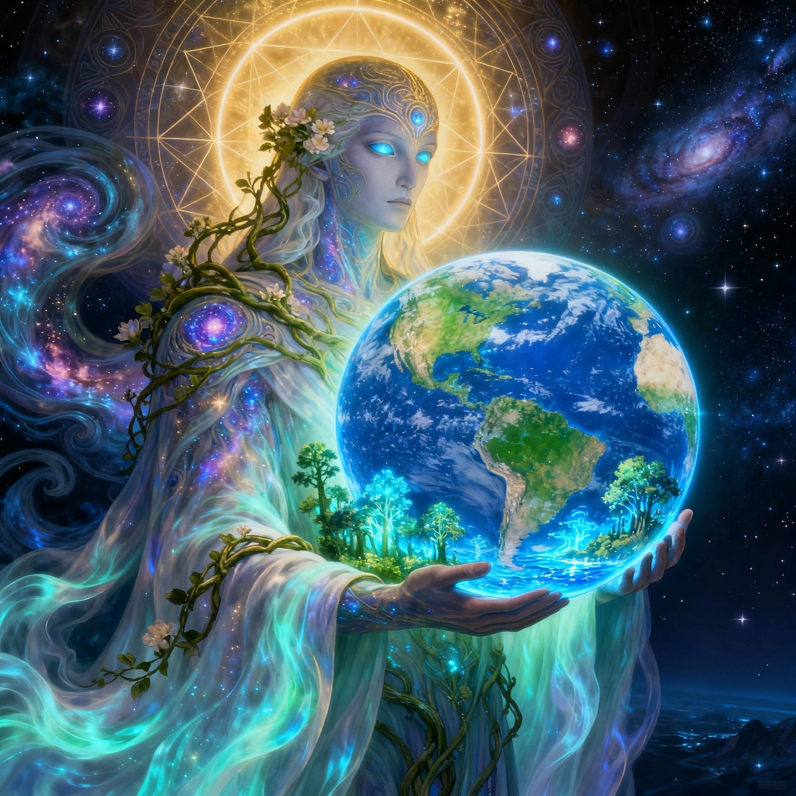 Cosmic Guardian Protects Sacred Earth in Visionary Art Style