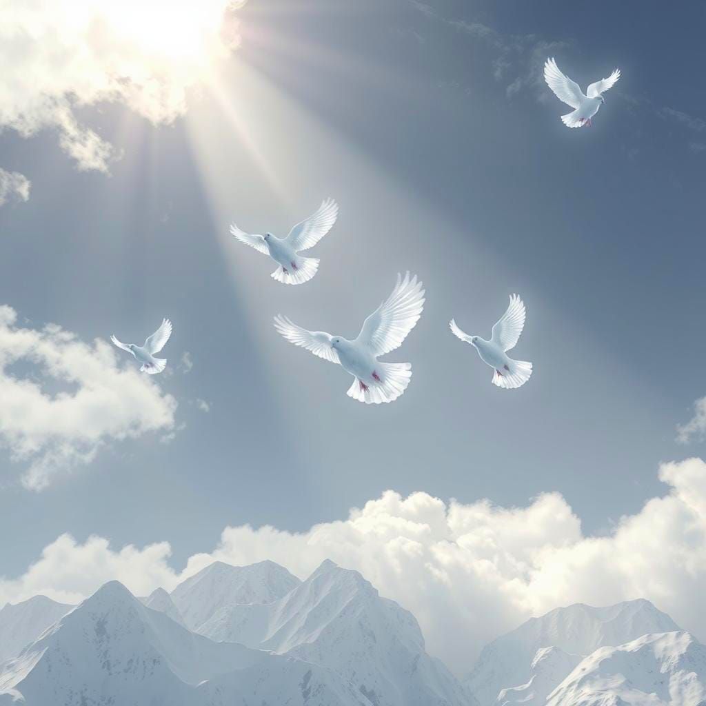Doves Soaring Over Snowy Mountains in Divine Light