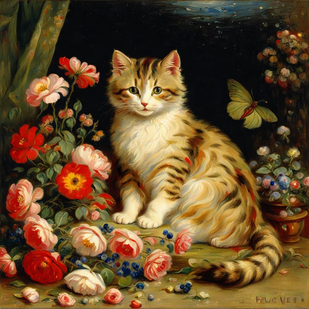 Adorable Cat Surrounded by Florals in Art Nouveau Style