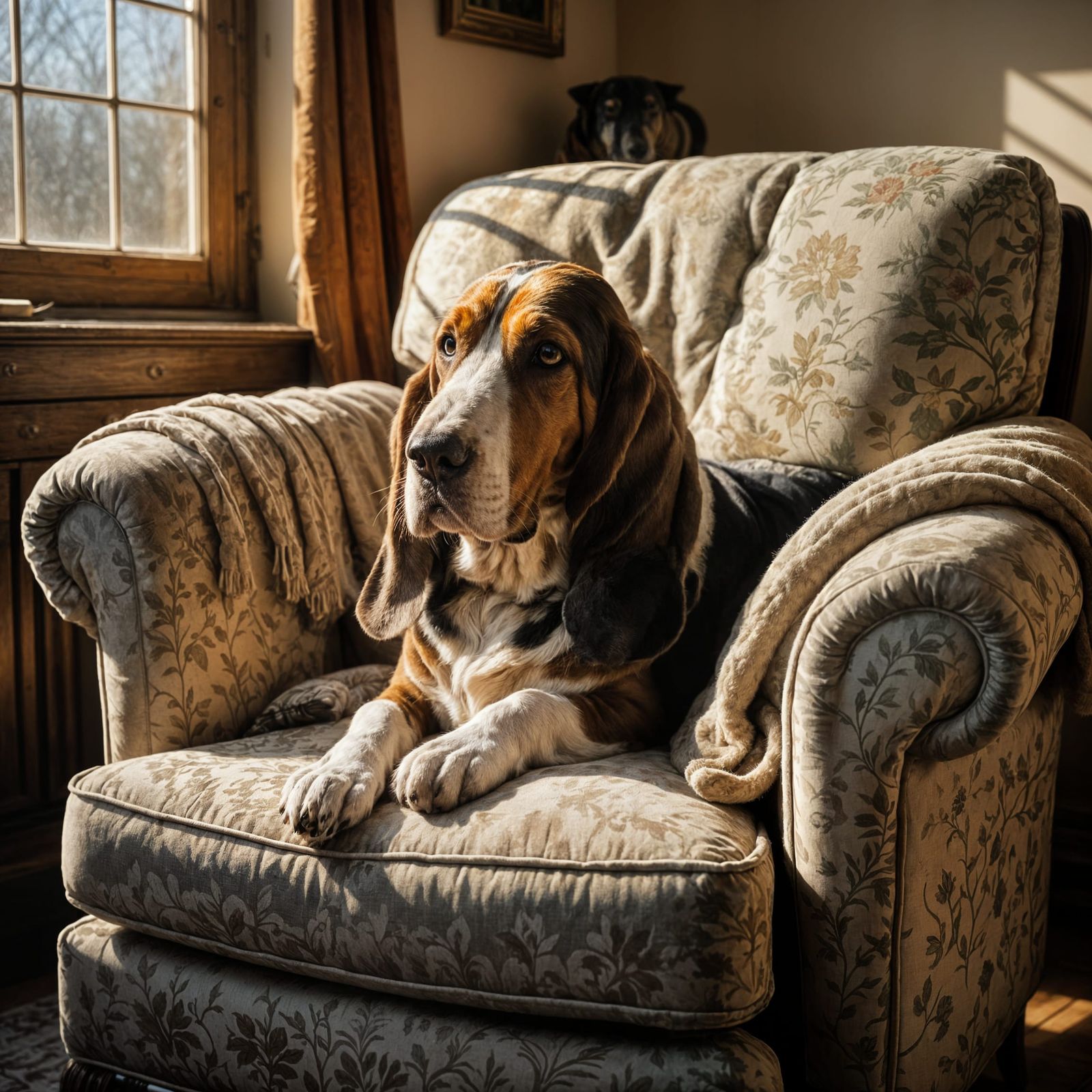 Sleepy Basset Hound in Cozy Vintage Armchair