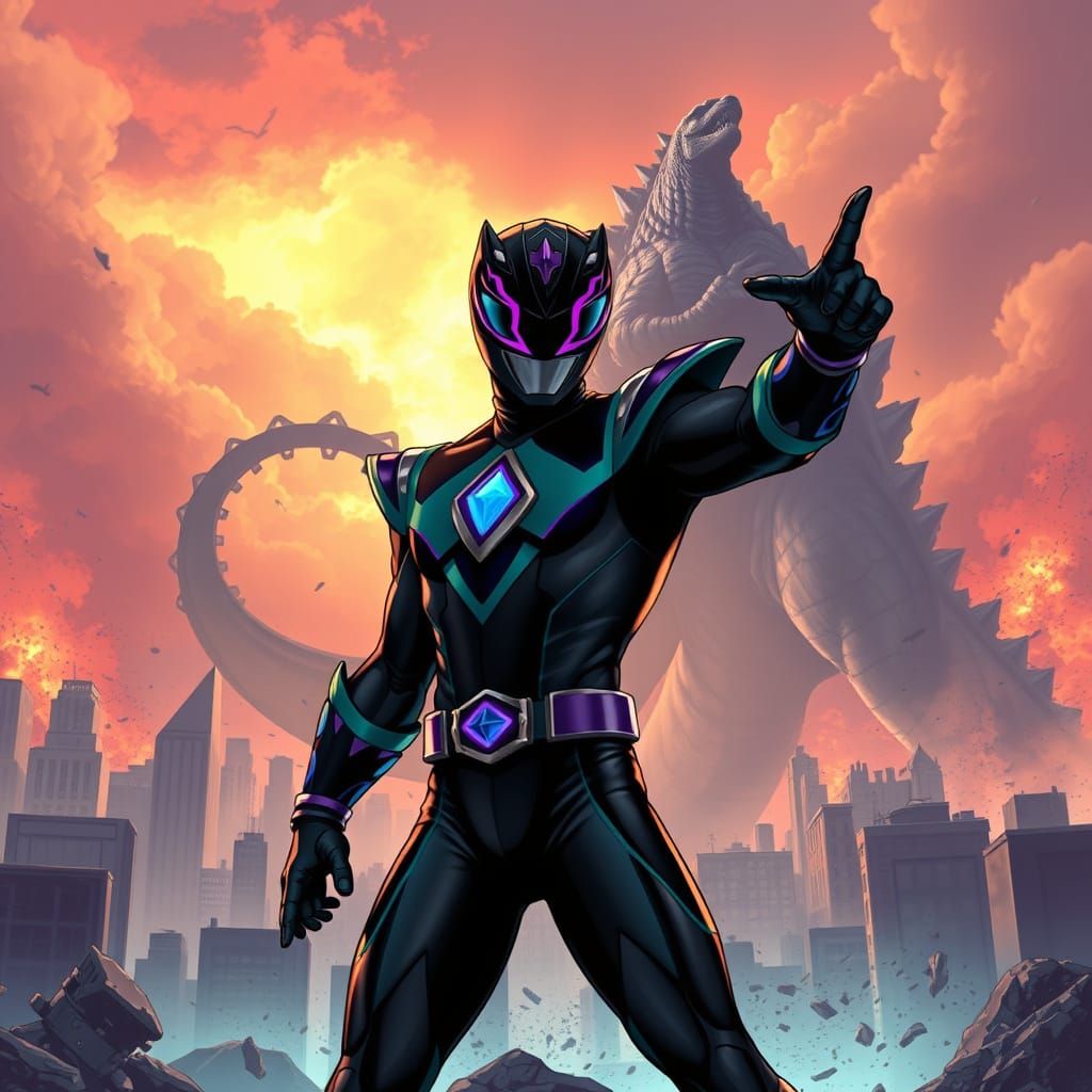 Mighty Power Ranger Faces Godzilla in Dark Teal and Purple A...