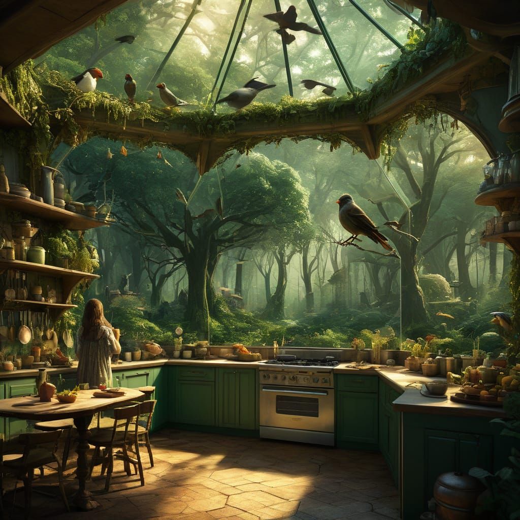 Enchanted Forest Kitchen Inside Glass Dome at Golden Hour
