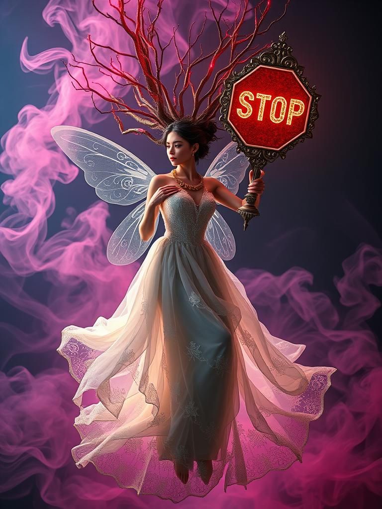 Ethereal Fairy with Stop Sign in Surreal Setting