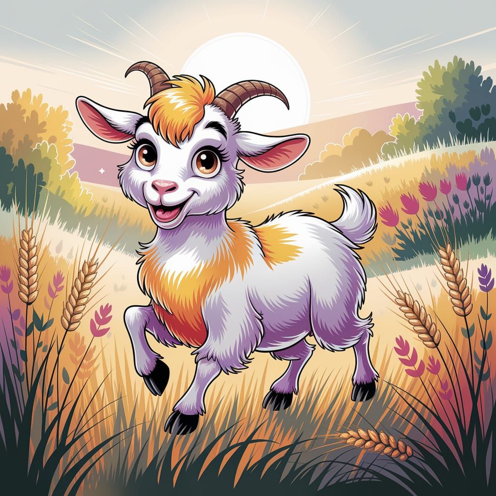 Playful Goat in Golden Field, Watercolor Painting