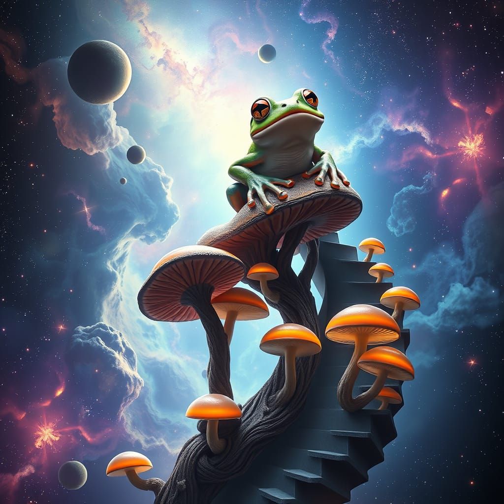 Tree Frog on Mushroom Staircase in Nebula