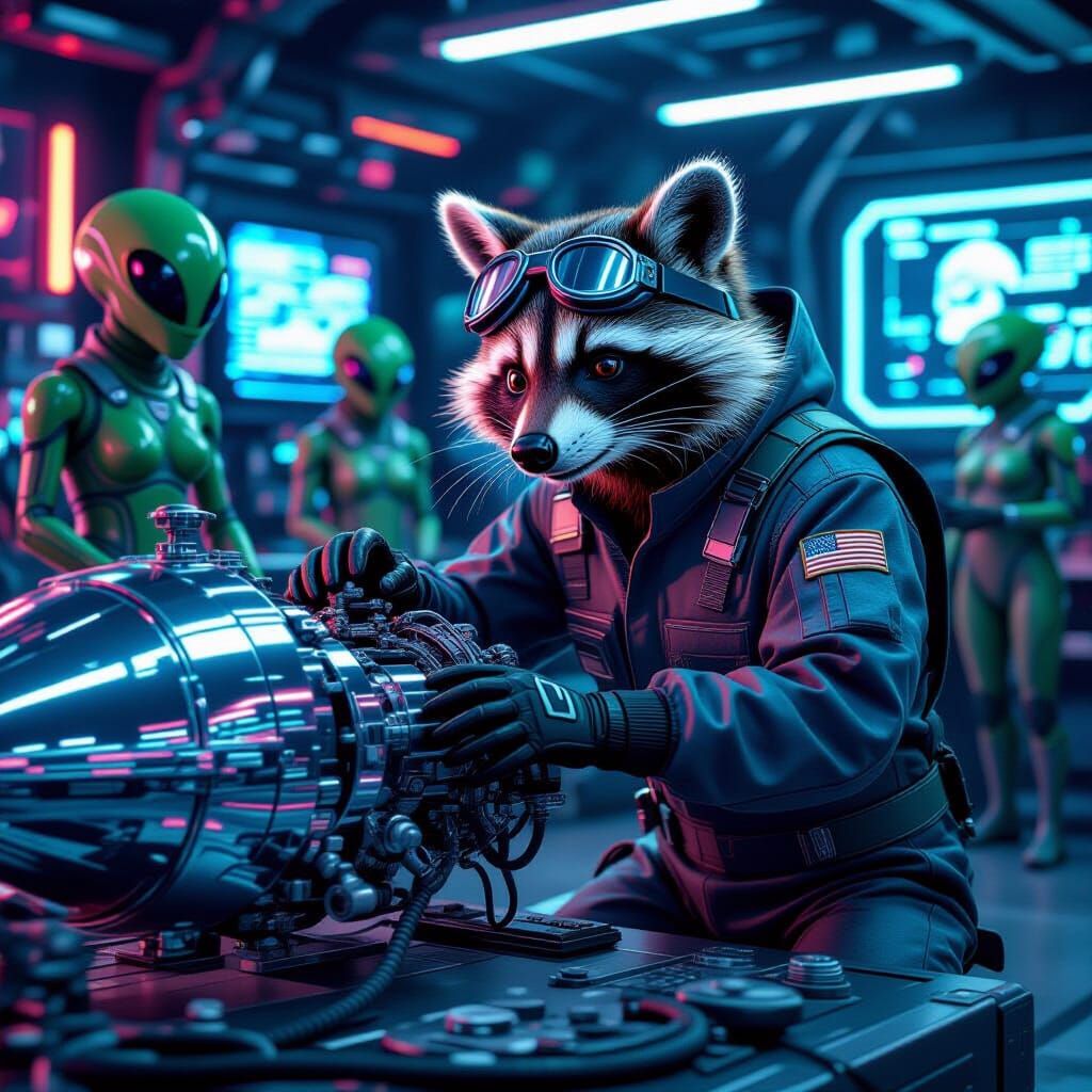 Raccoon Mechanic Repairs Spaceship Engine in Hyperrealistic ...