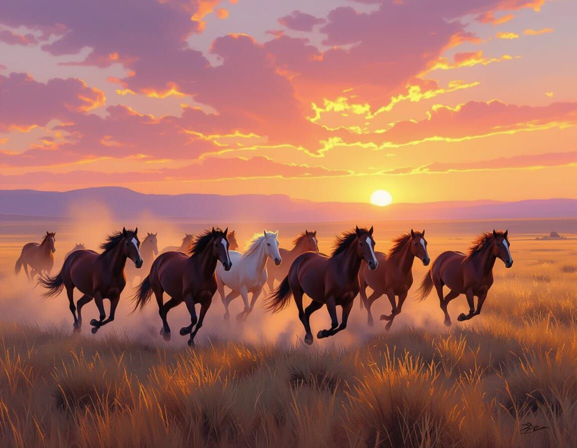 Wild Horses Galloping on Savanna at Golden Hour Oil Painting