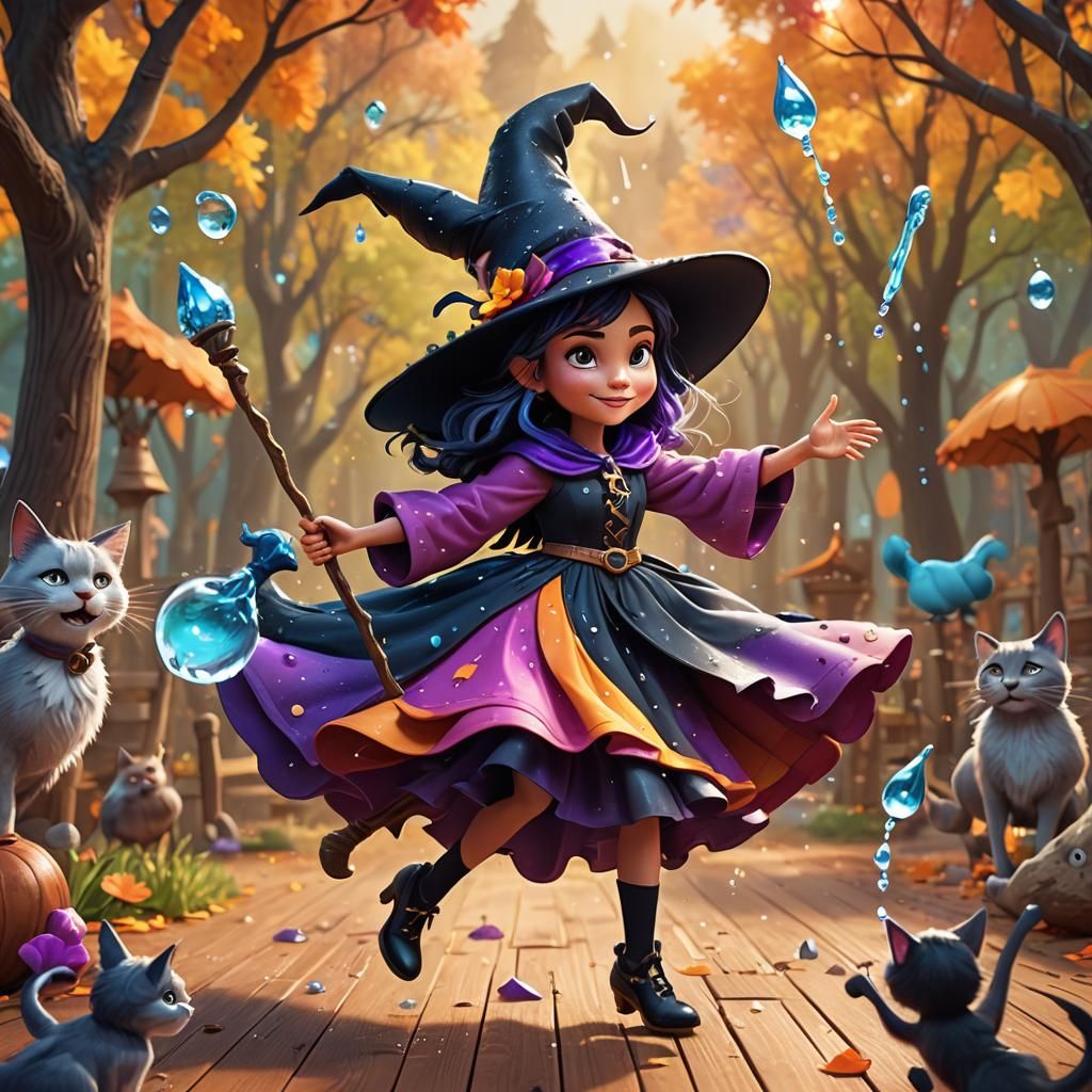 Charming Young Witch Casting a Water Spell