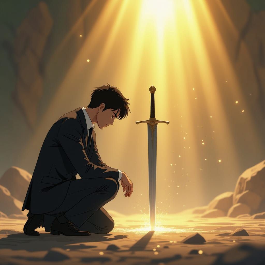 Man Kneels in Reverence Before Divine Light with Sword