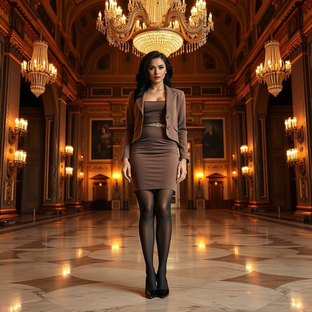 Elegant Woman in Malva Dress at Teatro Colón Foyer