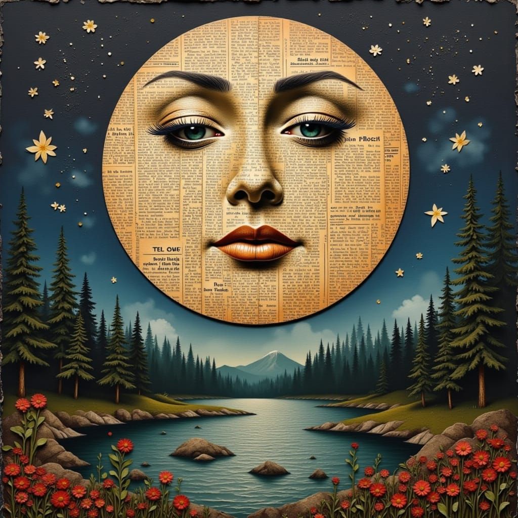 Surreal Moon Collage Over Dark Forest