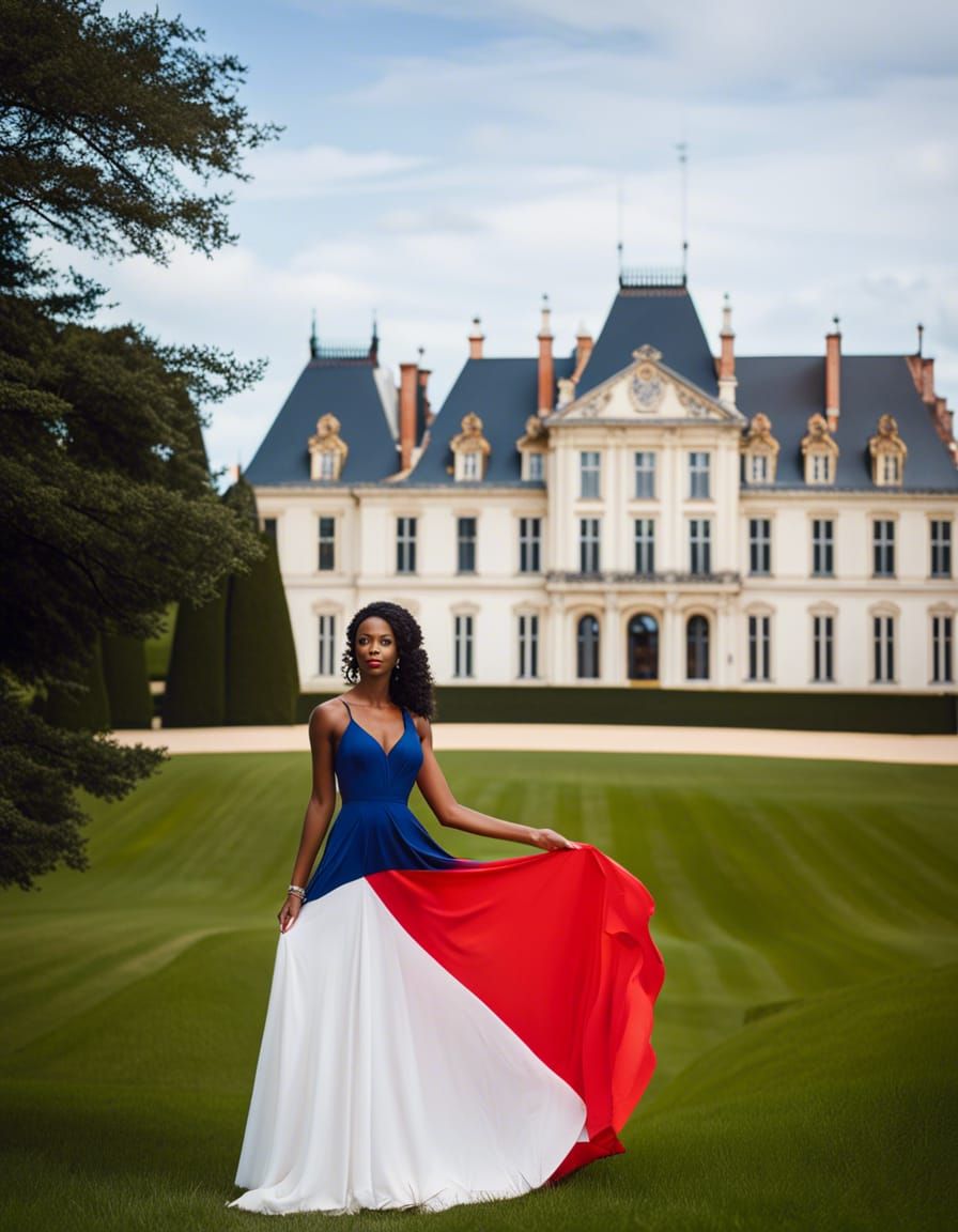 Woman in Tricolor Dress Posing at French Chateau