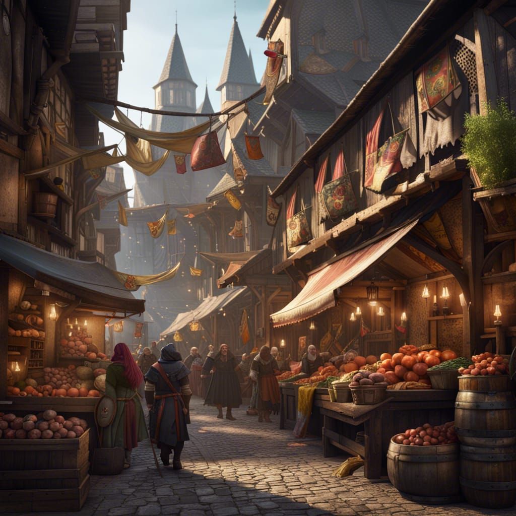 Vibrant Medieval Market in Detailed Digital Painting