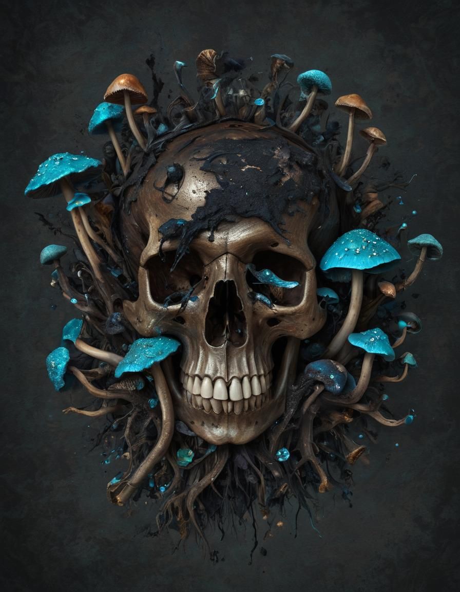 Iridescent Mushrooms in Skull, Hyperrealistic Art