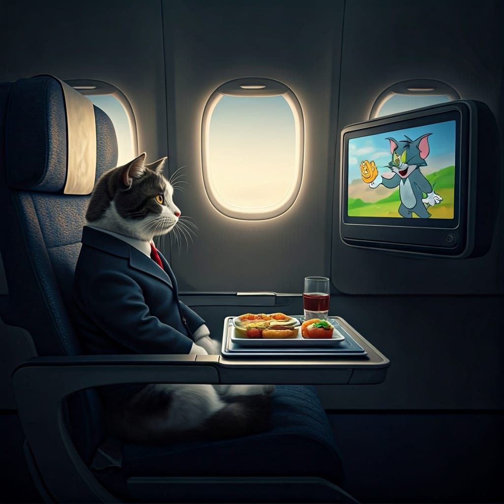 Photorealistic Tuxedo Cat Enjoying Plane Entertainment