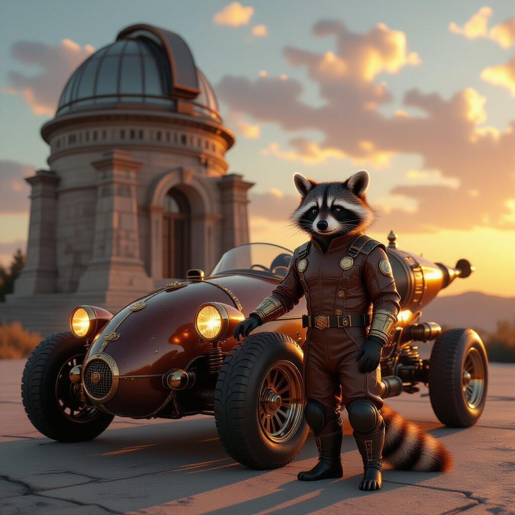 Raccoon in Steampunk Racing Suit with Rocket Car at Observat...
