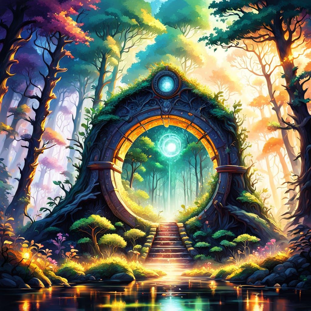 Mystical Forest Portal to Another World - Vibrant Oil Painti...