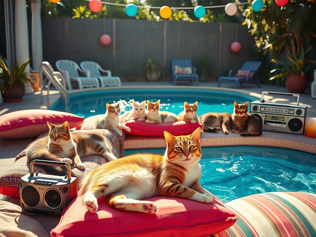 Cats Lounging Poolside: Photorealistic Summer Party