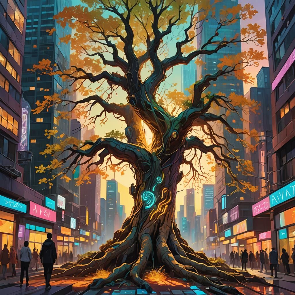 Vibrant Oil Painting of Ancient Tree Entwining Futuristic Ci...