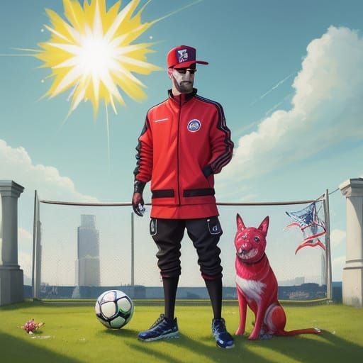 Surreal American Staffordshire Terrier Plays with Ball in Ga...