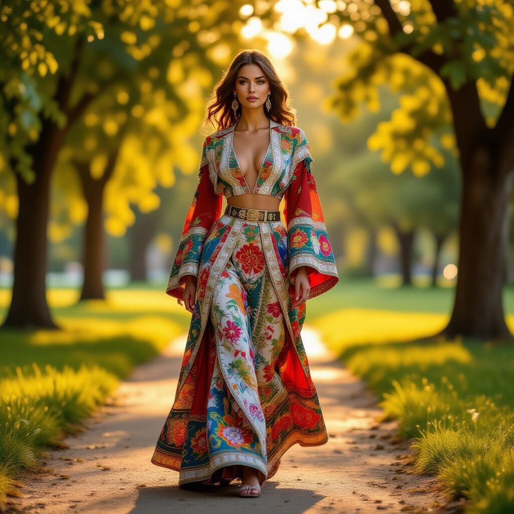 Hyper-Realistic Woman in Colorful Attire in Golden Hour Park