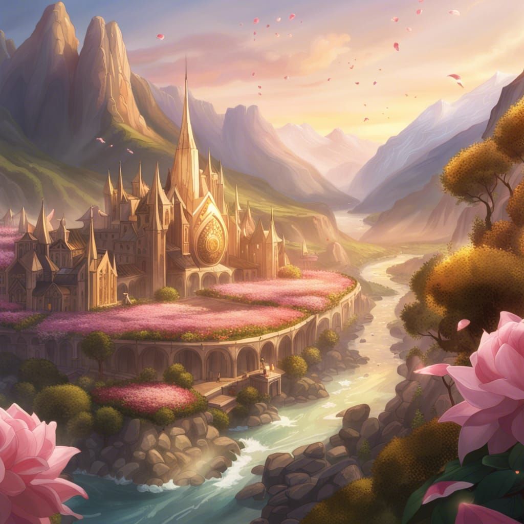 Elven City in Valley at Golden Hour