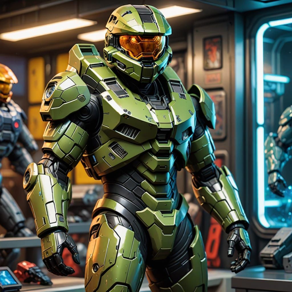 Hyper-Realistic Sci-Fi Master Chief Action Figure in Retro-F...