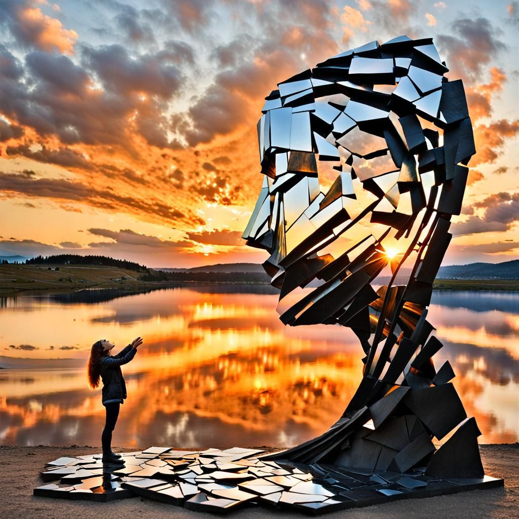 Surreal Fragmented Sculpture of Woman by Sunset
