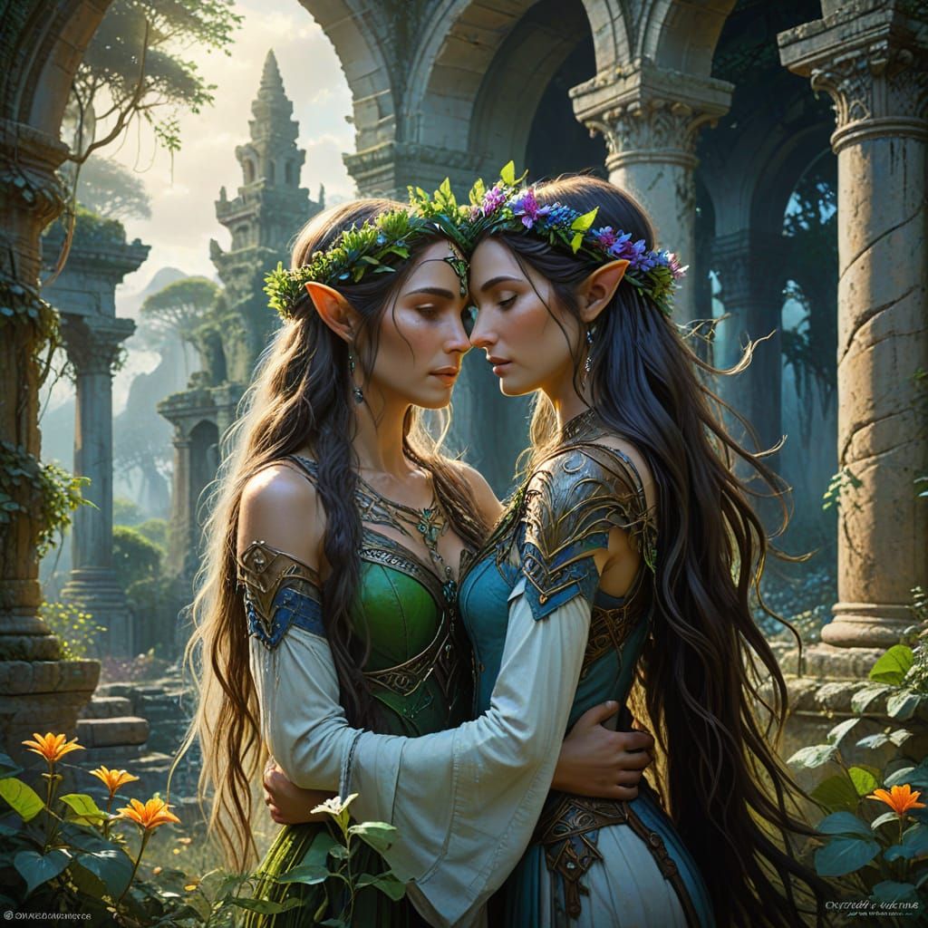 Elven Women Embrace in Ancient Ruins: Oil Painting