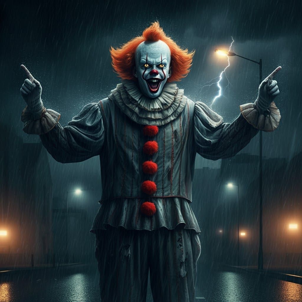 Frenzied Clown Laughing During Lightning Storm