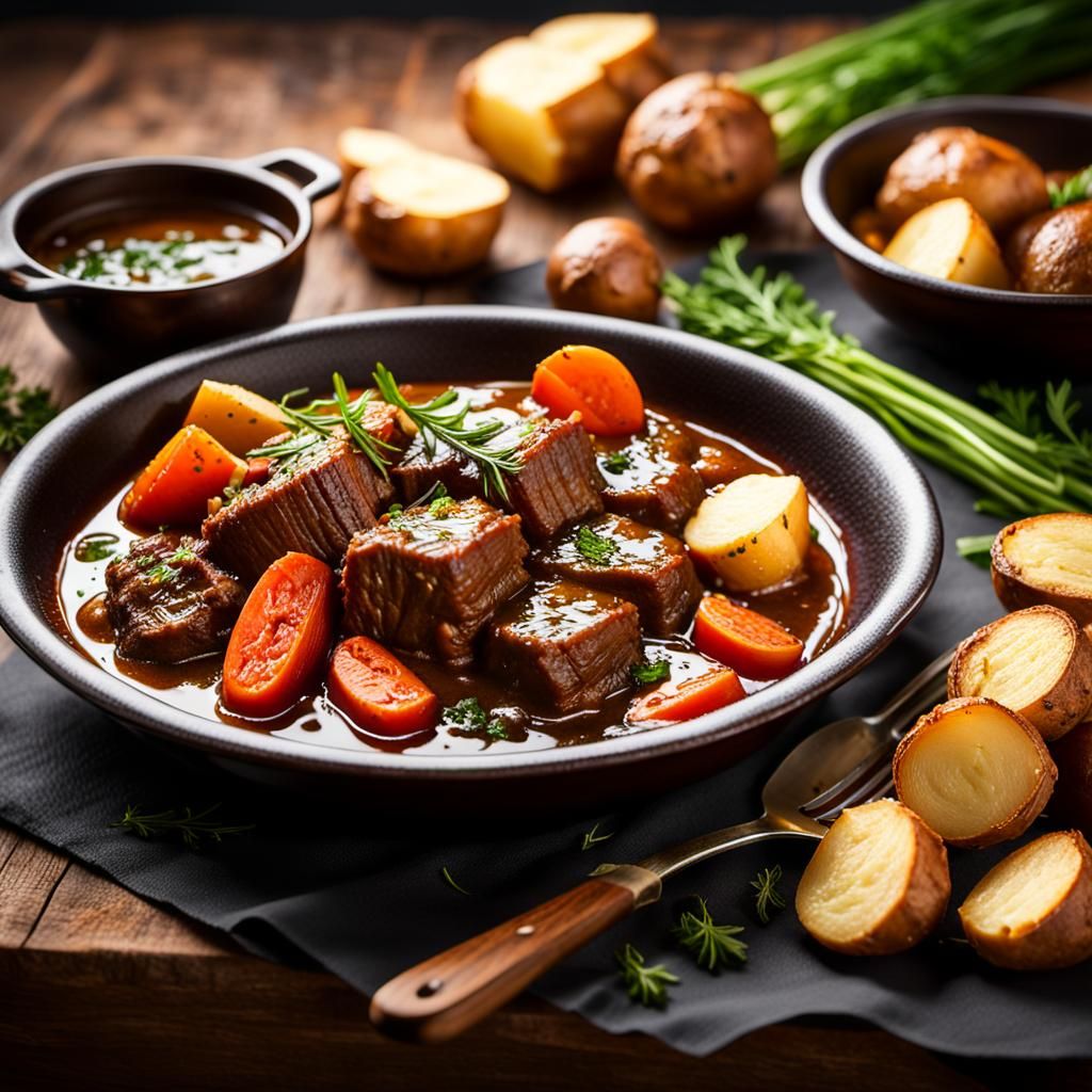 Hearty Beef Stew with Potatoes in Golden Hour Lighting