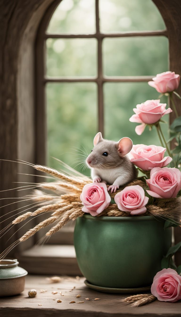 Sleeping Mouse with Toy in Pot with Roses